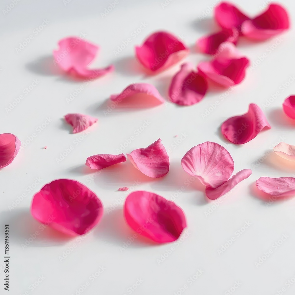 Delicate rose petals fall gently on pristine white surface, texture, petal