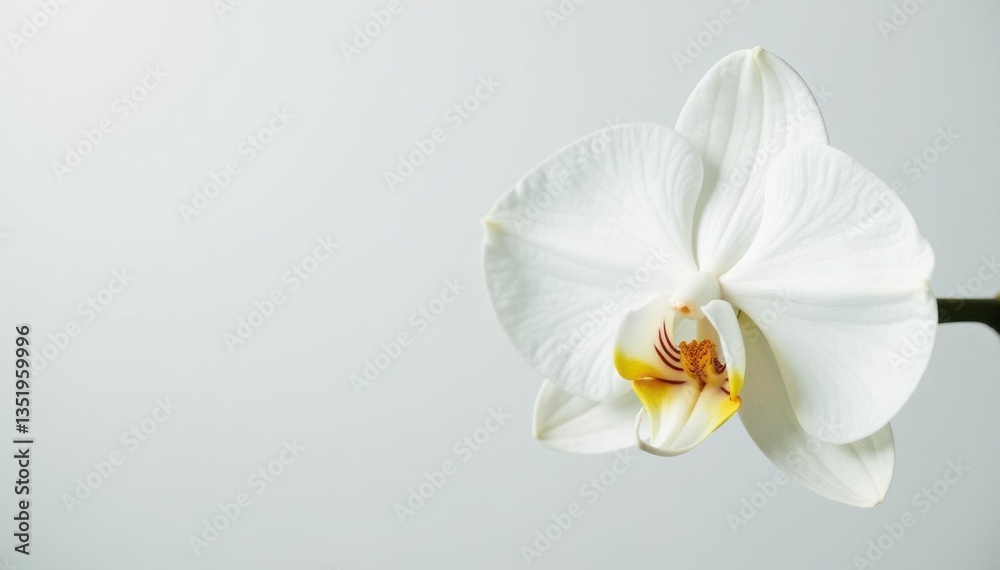 Close-up of pristine white orchid against pure white backdrop, minimal, flower, bloom Close-up of pristine white orchid against pure white backdrop, minimal, flower, bloom