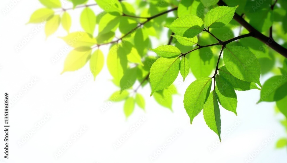 Delicate branches of a tree stretching towards the light source on white background, leafy greens, plant life, wood Delicate branches of a tree stretching towards the light source on white background, leafy greens, plant life, wood