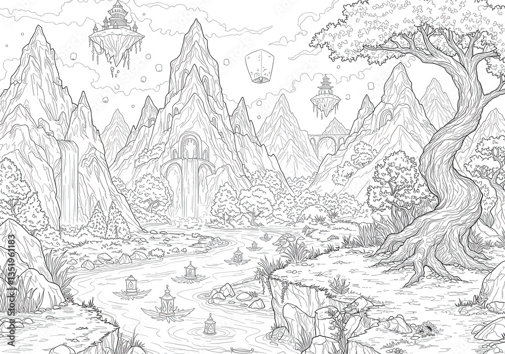 Obraz premium Black and white coloring page of fantasy landscape, outline digital illustration and pencil drawing for kids and adult.
