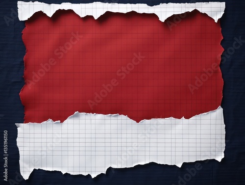 Torn white graph paper at the top and bottom, with rich red paper layered in between, set against a dark navy background