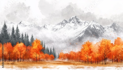 Autumnal mountain landscape, misty valley, falling leaves, print art