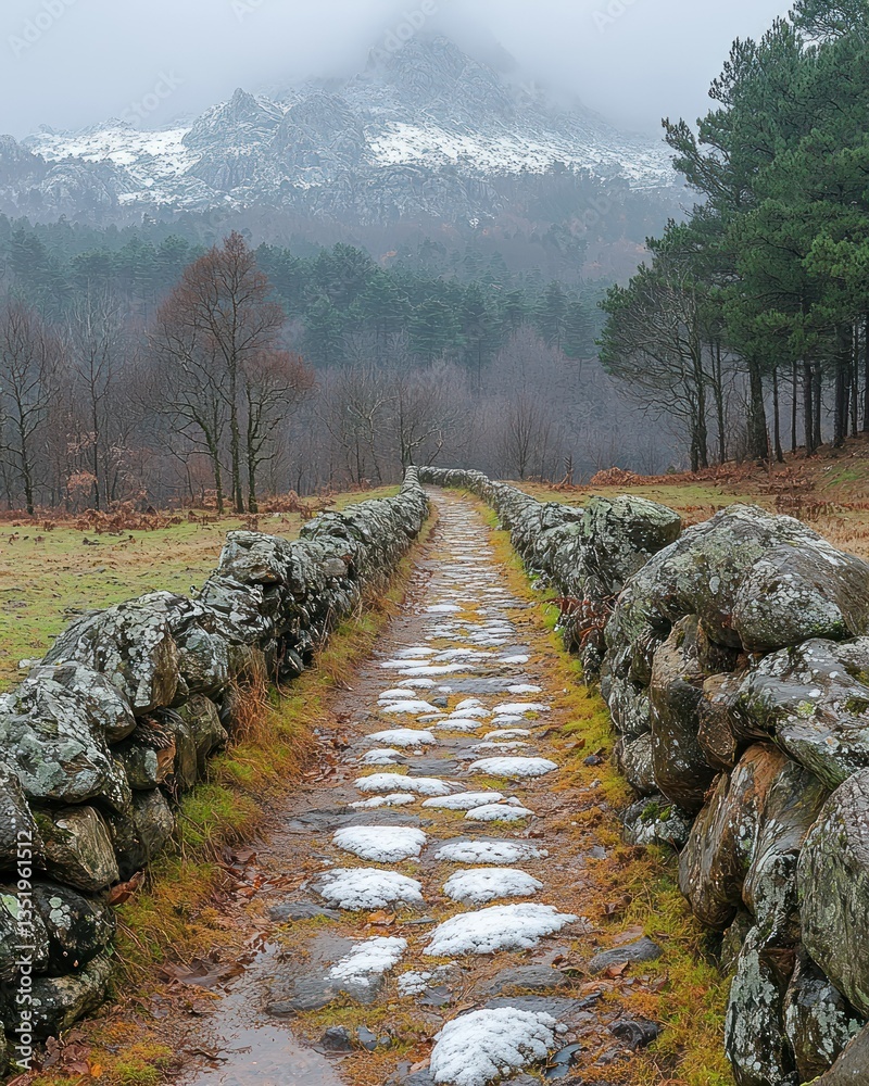 Fototapeta premium Stone Path to Snowy Mountain Peak in Winter