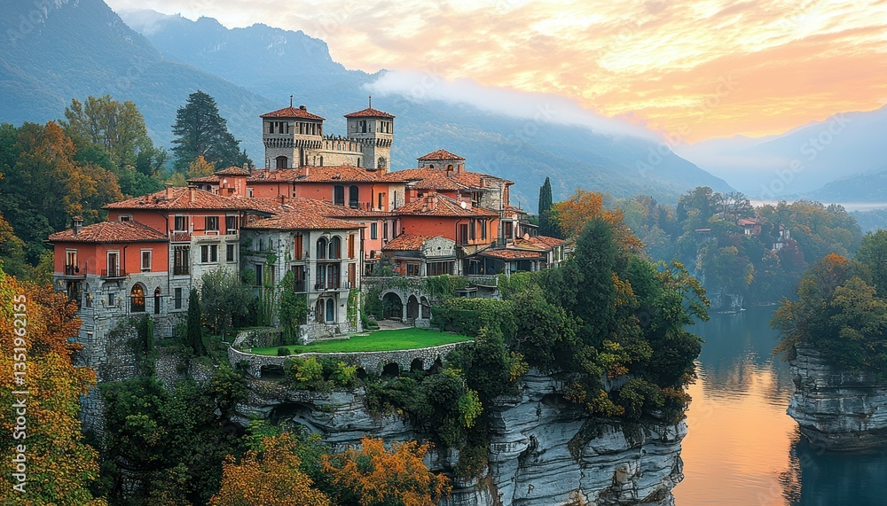 Fototapeta premium Villa del Balbianello, Lake Como, Italy: A Majestic Autumnal Sunset