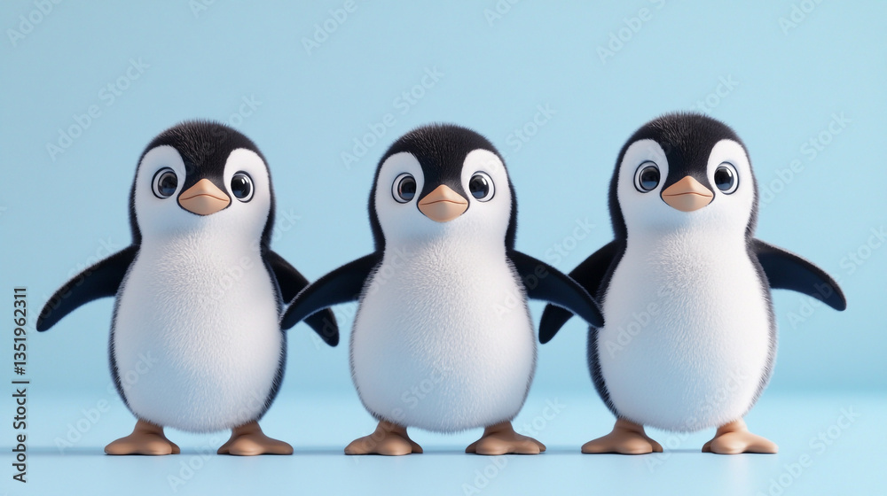 Fototapeta premium Three cartoon penguins standing side by side against a light blue background in a studio shot