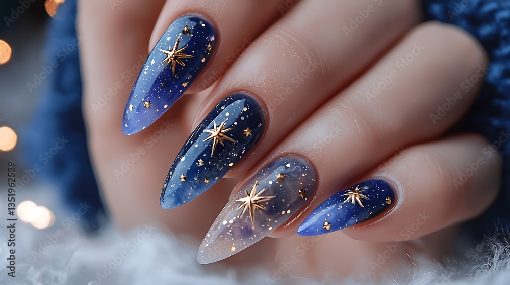 Close-up of stylish blue ombre nails with gold stars.