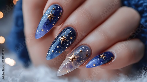 Obraz na płótnie Close-up of stylish blue ombre nails with gold stars. w salonie