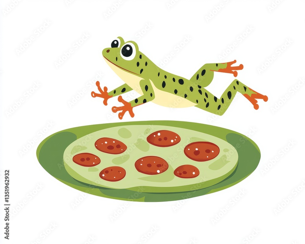Fototapeta premium Joyful frog jumping on pizzashaped lily pad 