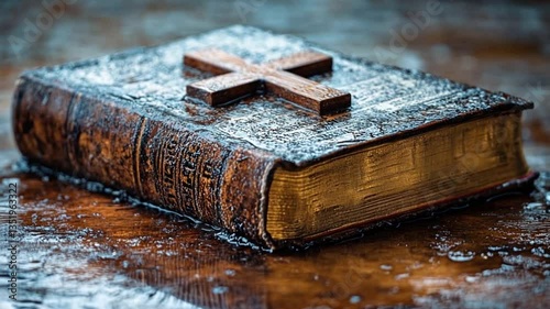 Aged bible, frost, wooden surface, faith, spiritual, close-up image
