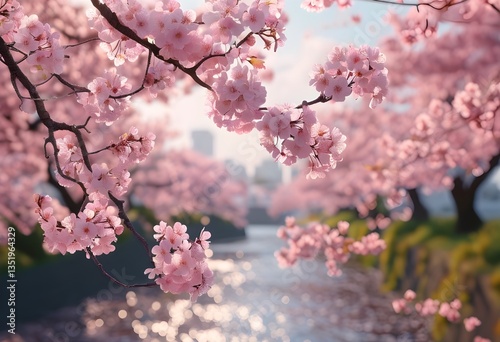Spring pink background with blooming sakura, cherry blossom