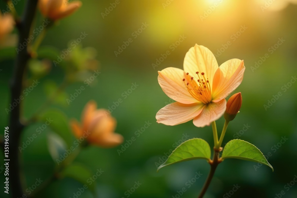 Subtle pale orange flower blooming in the shade of a tree, orange blossom, floral details Subtle pale orange flower blooming in the shade of a tree, orange blossom, floral details