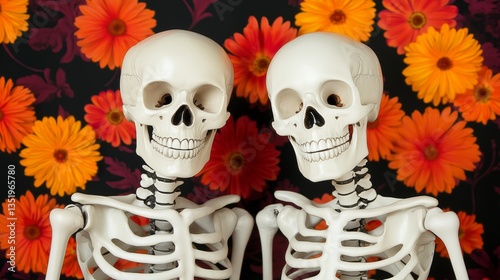 Two cute happy skeletons standing next to each other against a black and orange floral background.
