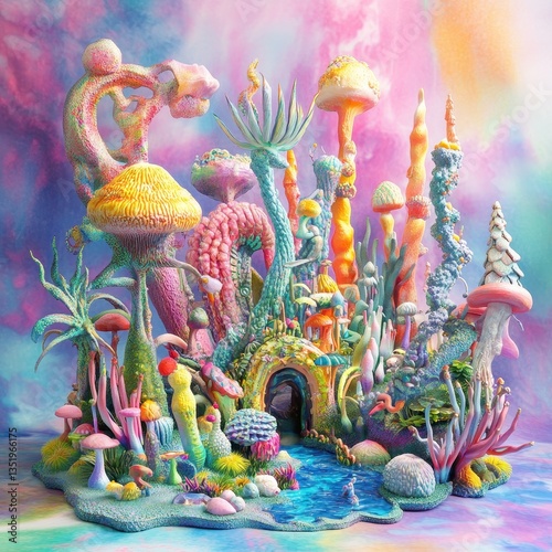 Colorful fantasy landscape featuring many different types of flora and fauna