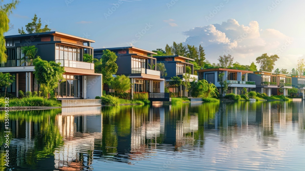 A tranquil lakeside setting featuring a row of modern house residences nestled along the waterfront, with serene reflections and lush greenery adding to the peaceful ambiance. A tranquil lakeside setting featuring a row of modern house residences nestled along the waterfront, with serene reflections and lush greenery adding to the peaceful ambiance.