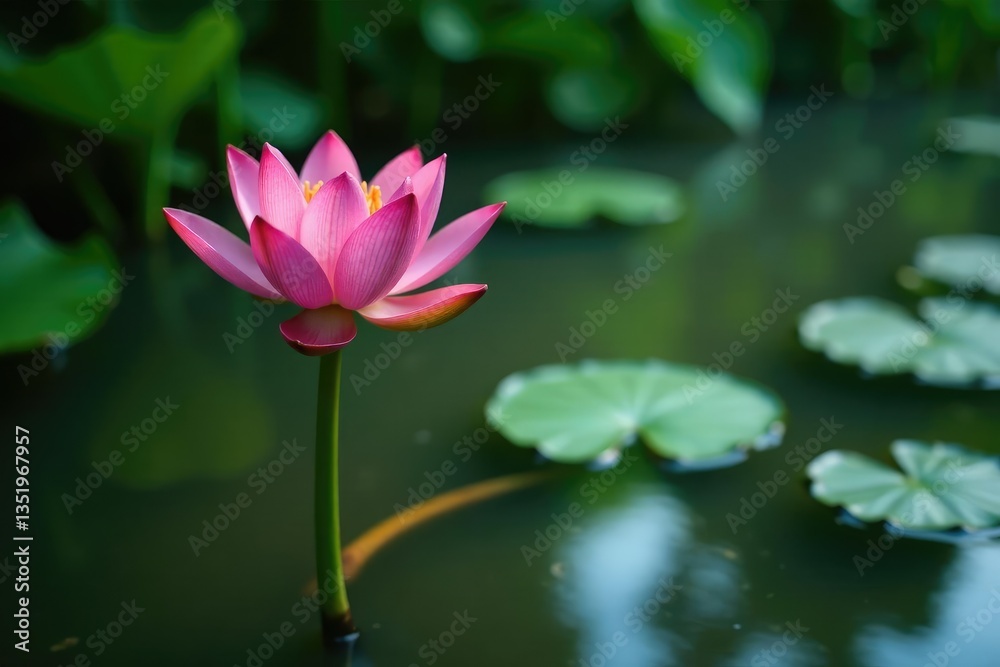 Water lily with long green stem emerging from murky swamp water, vegetation, aquatic Water lily with long green stem emerging from murky swamp water, vegetation, aquatic