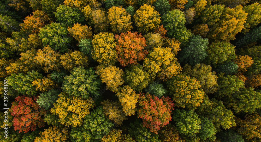 Naklejka premium Aerial view of a lush green forest canopy during the autumn season, with vibrant hues of yellow, orange, and red. Sunlight filters through the leaves, creating a warm and inviting atmosphere.