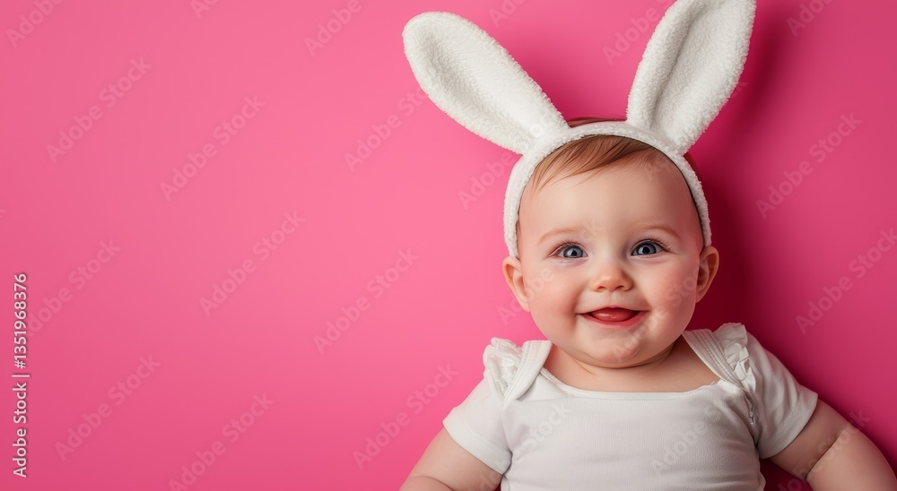 Adorable little child wearing bunny ears on pink background during Easter celebration with copy space Adorable little child wearing bunny ears on pink background during Easter celebration with copy space