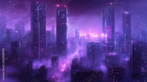Futuristic city skyline at night, vibrant purple neon lights,  foggy atmosphere,  high-rise buildings.