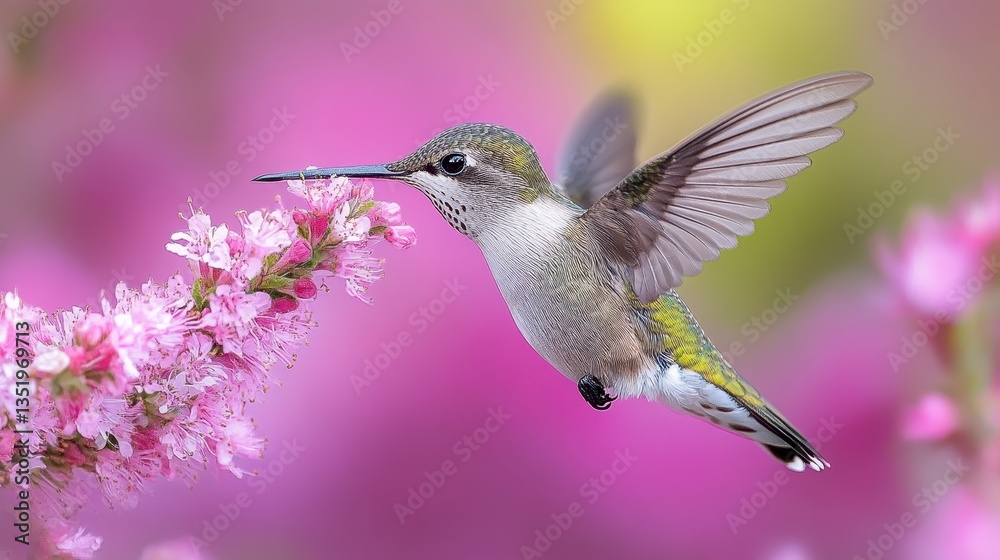 Fototapeta premium A hummingbird approaching flowers with graceful fluttering motion and wings