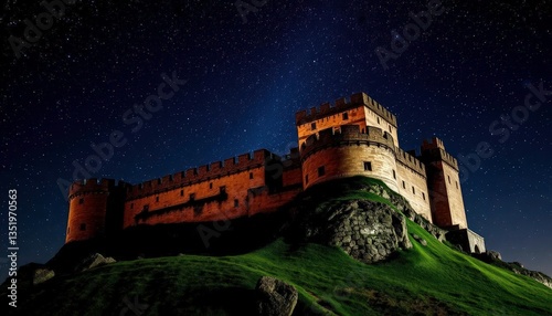 Ancient stone castle silhouetted against a starlit night sky, myth, mystery