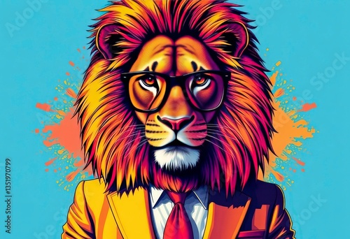 Anthropomorphic lion in suit & glasses, vibrant pop art style, furry,  comic book