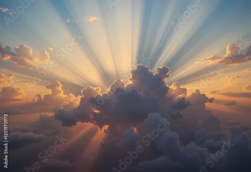 Heavenly Sunrise, God Rays through Clouds, Dramatic sunrise with crepuscular rays piercing clouds.