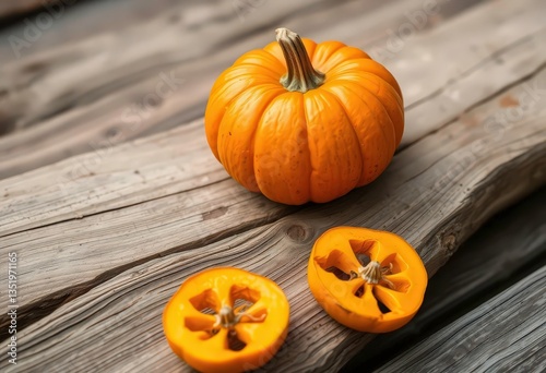A plump orange pumpkin rests on weathered, rustic wood,  grain,  natural