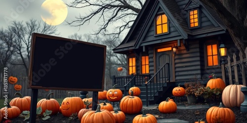 Halloween costume contest sign near pumpkins & haunted house Orange & black theme, gates, retro