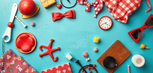 Vibrant flat lay of Father's Day themed objects, symbol, holiday