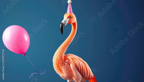 Whimsical flamingo holding a pink balloon, celebrating its first birthday, holiday, playful
