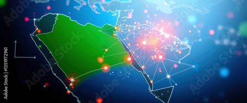 Abstract map of Saudi Arabia, Middle East, and North Africa illustrating global network connectivity and data transfer,  big data,  futuristic technology