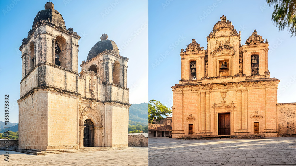 Obraz premium Two colonial-era churches in a sunny mountain town square; peaceful historical architecture