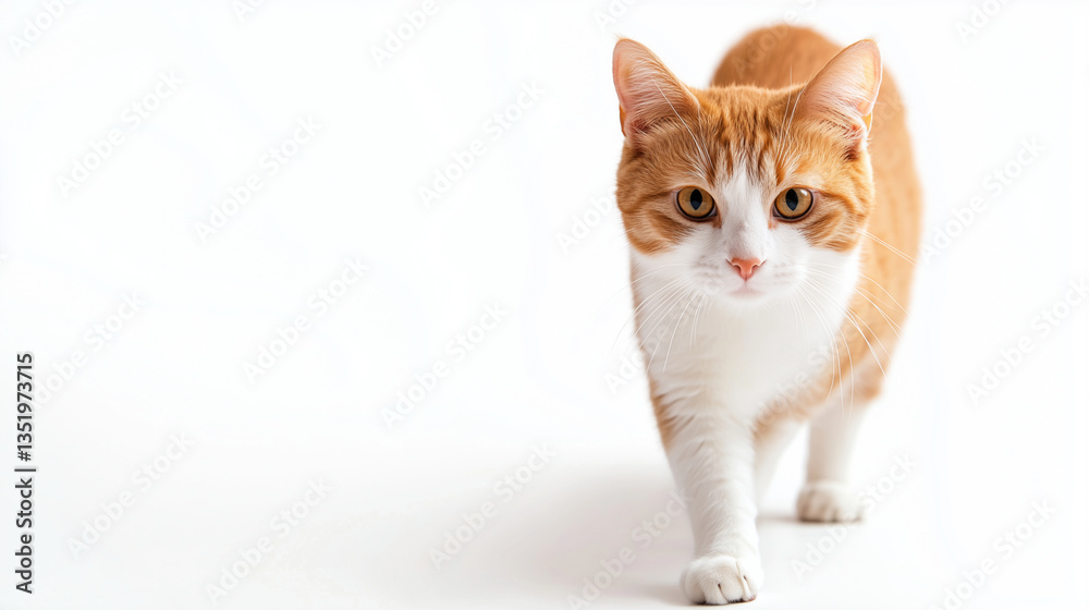 Fototapeta premium Adorable red kitten with fluffy fur on a white background