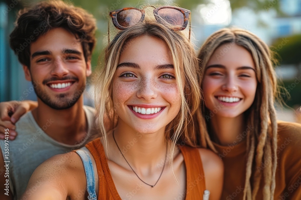 Multiracial group of young students smiling and taking a selfie together at university campus with trees and modern buildings Multiracial group of young students smiling and taking a selfie together at university campus with trees and modern buildings