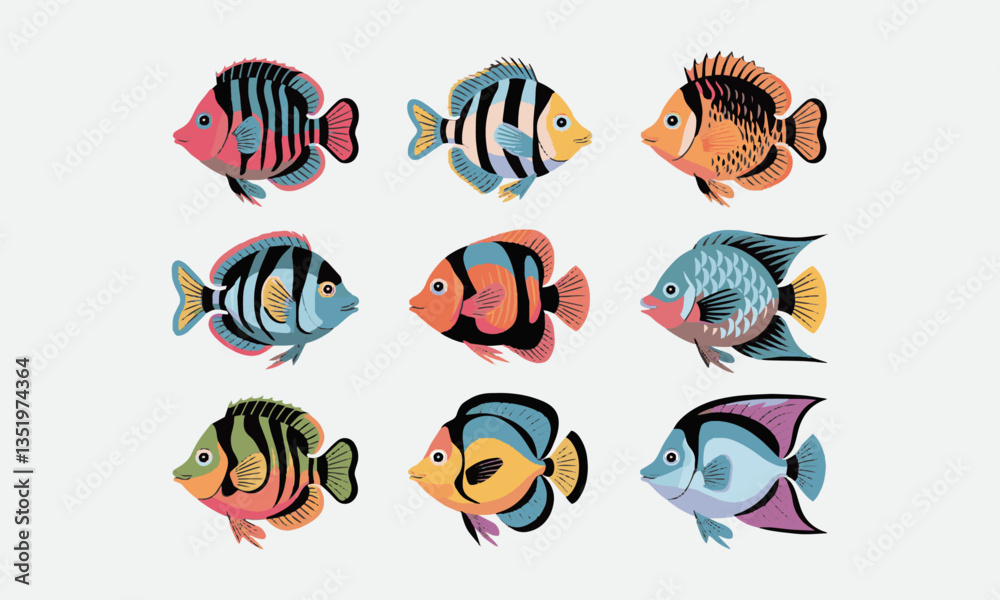 A set of ten unique, colorful exotic fish in a modern vector-style illustration, easily editable. A set of ten unique, colorful exotic fish in a modern vector-style illustration, easily editable.