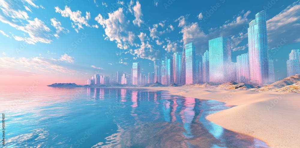 Fototapeta premium The futuristic coastal city is reflecting in the tranquil ocean water