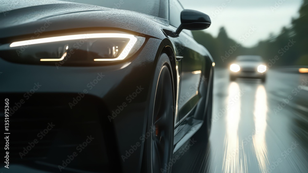 Fototapeta premium Black Luxury Car Driving on Rain Slicked Road at Night