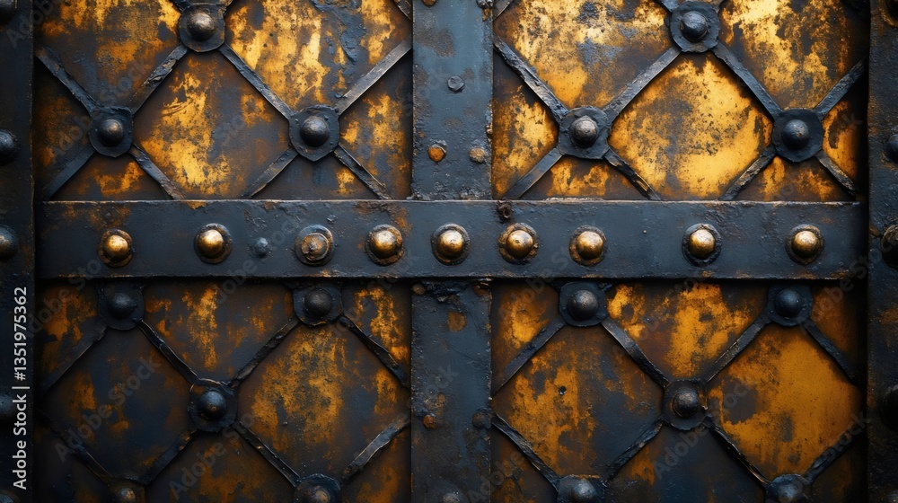 A metal gate with a lot of rust and a lot of gold A metal gate with a lot of rust and a lot of gold