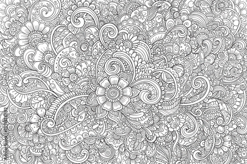 Black and white coloring page of seamless henna art, outline digital illustration and pencil drawing for kids and adult.