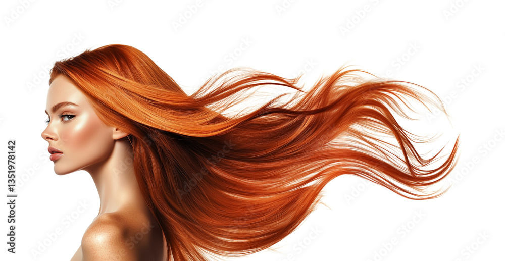 A beautiful woman with long orange-red flowing hair. Beauty and hair care concept. Isolated on a transparent or a white background, cut-out, PNG A beautiful woman with long orange-red flowing hair. Beauty and hair care concept. Isolated on a transparent or a white background, cut-out, PNG