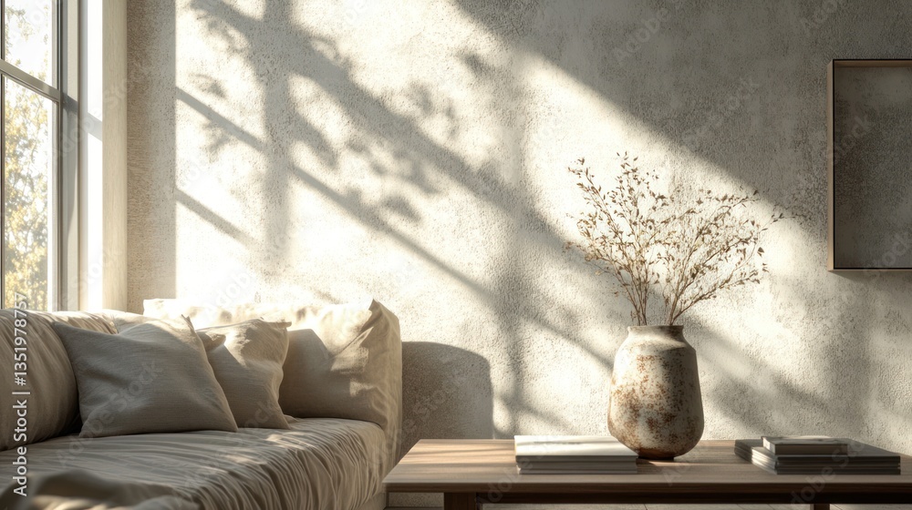 Minimalist living room with natural light and warm tones