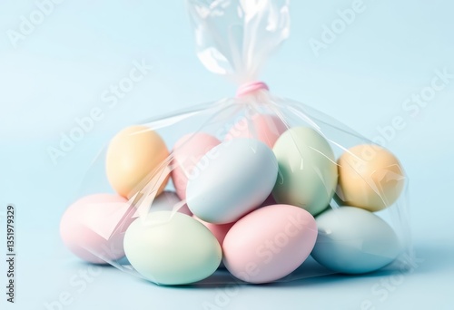 Pastel chocolate Easter eggs in clear cellophane bag against soft blue background, bunny, sweet
