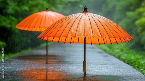 Wallpaper Mural Serene Rain: Orange Umbrellas on a Wet Path Torontodigital.ca