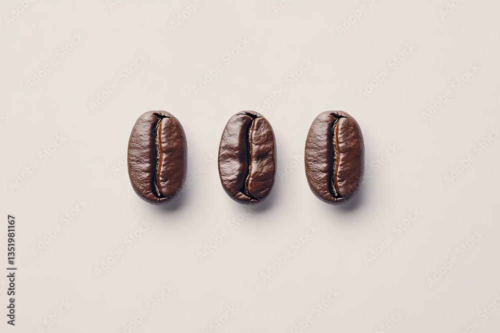 Three coffee beans arranged in a row on a light background
