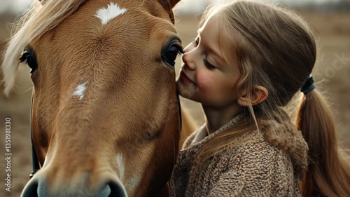 Child interacts with horse outdoors