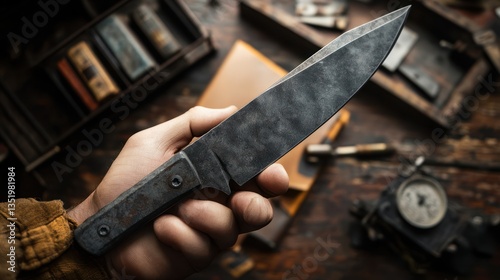 Handheld, dark, rustic blade.  Detailed craftsmanship photo