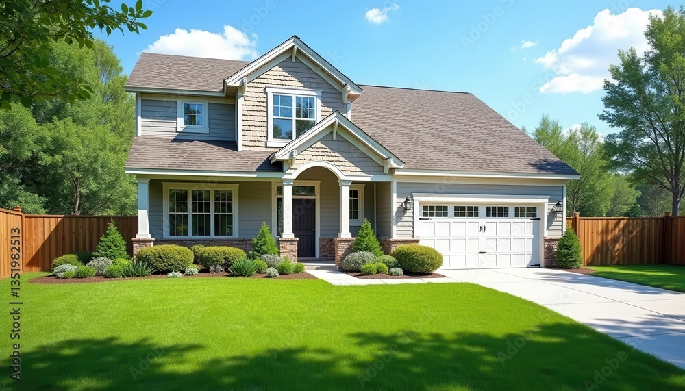 Fototapeta premium Beautiful suburban house with landscaped lawn, trees, and blue sky on a sunny day