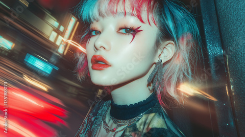 Stylish portrait of a young woman in Harajuku fashion style with vibrant neon lights and dynamic motion blur