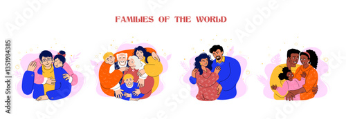 Four happy families hugging. People together. Doodle style