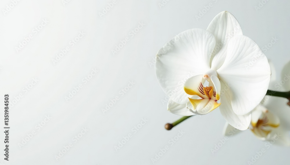 Obraz premium Delicate white orchid blossom against pure white backdrop, photo, picture